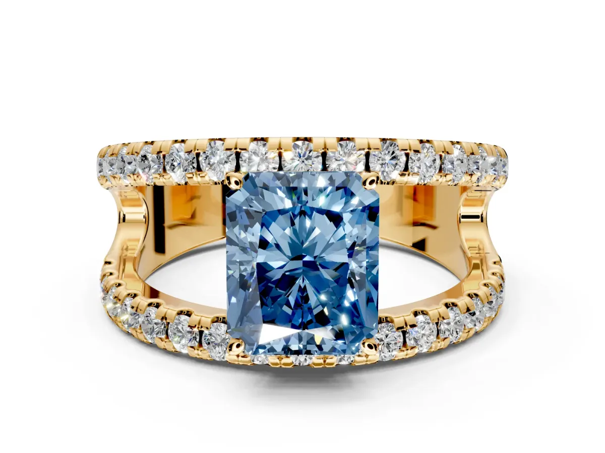 Solitaire Engagement Ring Setting for Fancy Blue Radiant Cut Center with Wide-Open Split Shank and Prong Head in Yellow Gold