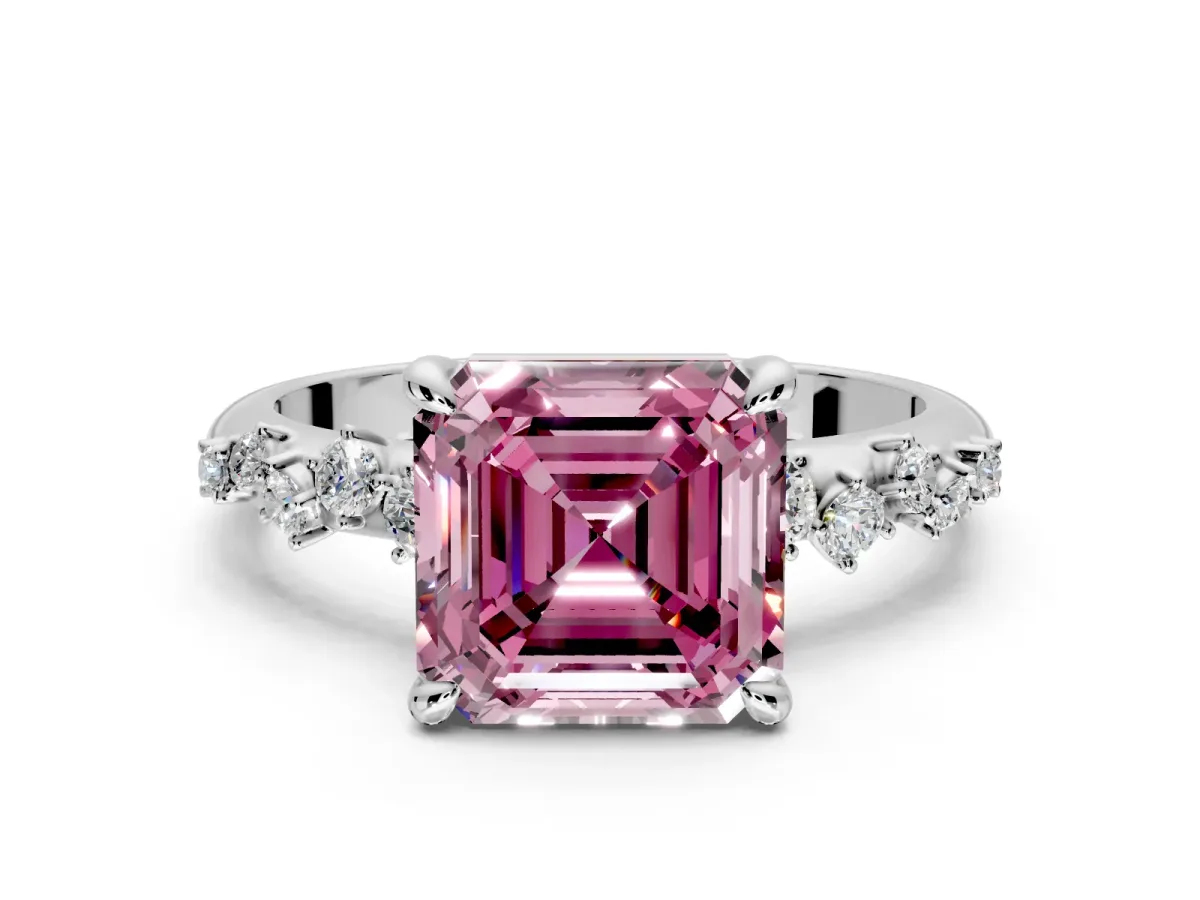 Solitaire Engagement Ring Setting for Fancy Pink Asscher Cut Center with Trailing Leaf Accent Band and Prong Head in Platinum