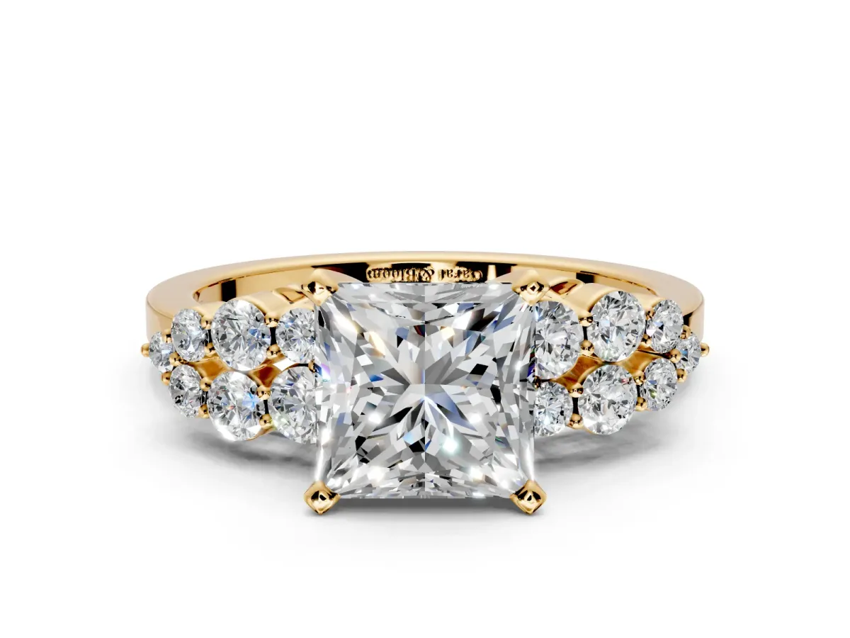 Cluster Engagement Ring Setting for Princess Cut Center with 2-Row Shoulder Clusters and Prong Head in Yellow Gold