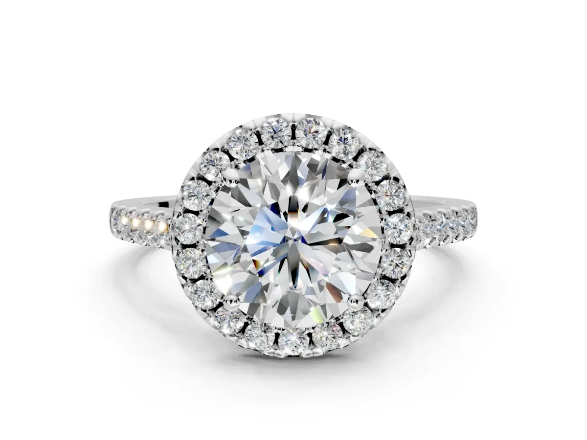 Halo Engagement Ring Setting for Round Cut Center with Raised Halo, Pave Band and Prong Head in Platinum
