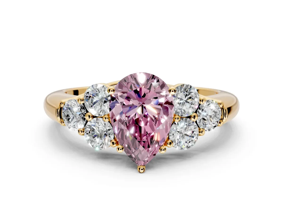 Cluster Engagement Ring Setting for Fancy Pink Pear-Shaped Center with Round Cut Accent Frame and Prong Head in Yellow Gold