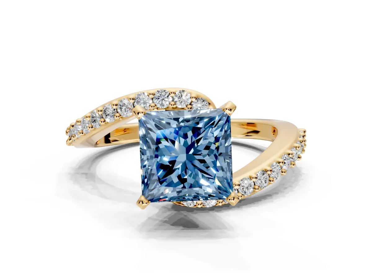 Solitaire Engagement Ring Setting for Fancy Blue Princess Cut Center with Pave Bypass Swirl Band and Prong Head in Yellow Gold