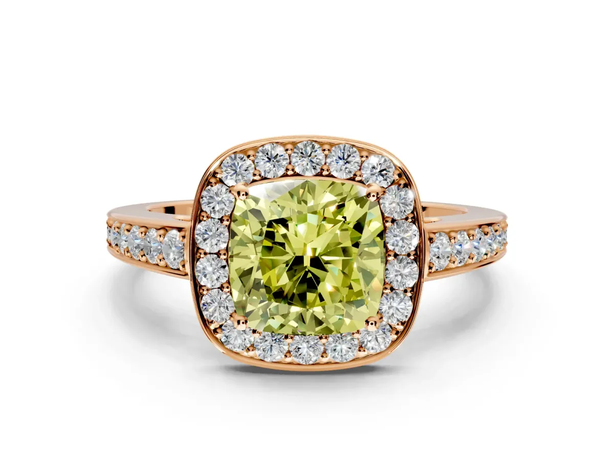 Bezel-Framed Halo Engagement Ring Setting for Fancy Yellow Cushion Cut Center with Pave Band and Prong Head in Rose Gold