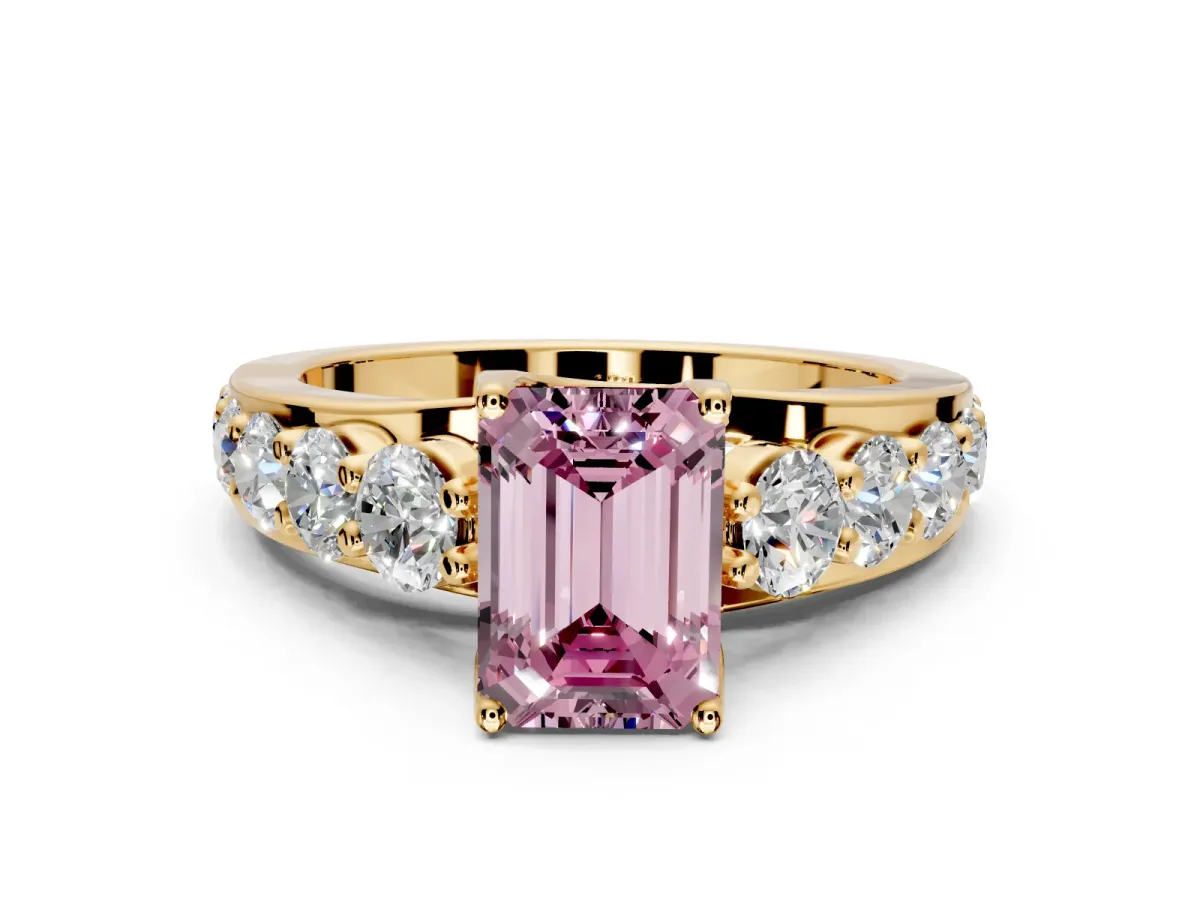 Solitaire Engagement Ring Setting for Fancy Pink Emerald Cut Center with Graduated Shared Prongs and Prong Head in Yellow Gold