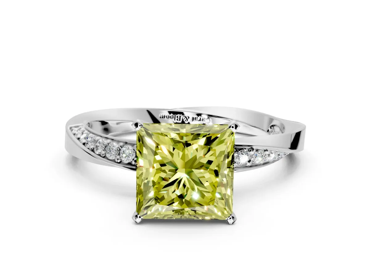 Side Accent Engagement Ring Setting for Fancy Yellow Princess Cut Center with Accent Shoulders and Prong Head in White Gold