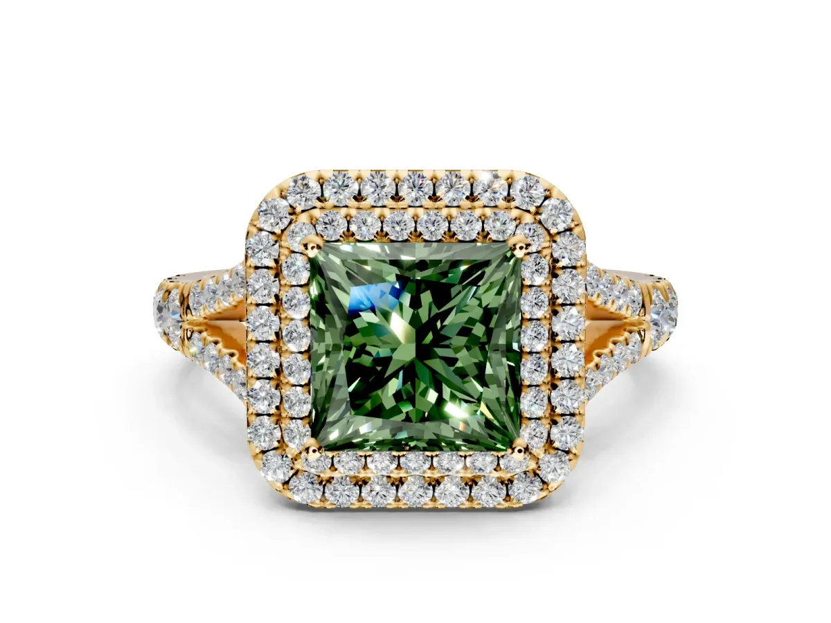 Double Halo Engagement Ring Setting for Fancy Green Princess Cut Center with Narrow Pave Split Shank and Prong Head in Yellow Gold