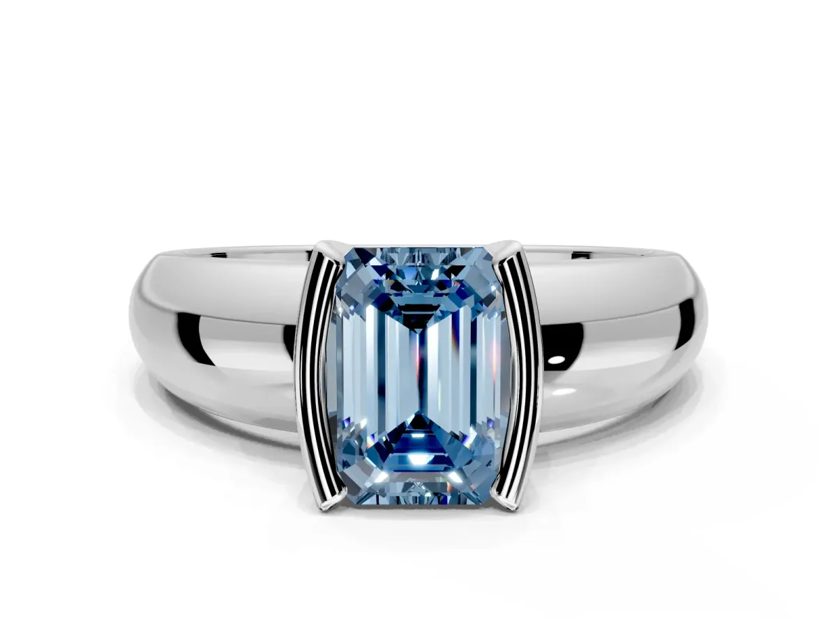Tension Engagement Ring Setting for Fancy Blue Emerald Cut Center with Wide Flat Band and Tension Head in Sterling Silver