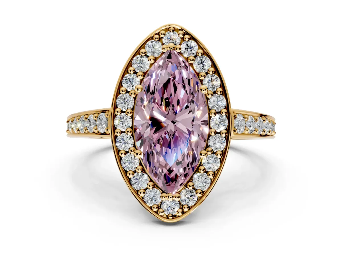 Bezel-Framed Halo Engagement Ring Setting for Fancy Pink Marquise Center with Pave Band and Prong Head in Yellow Gold