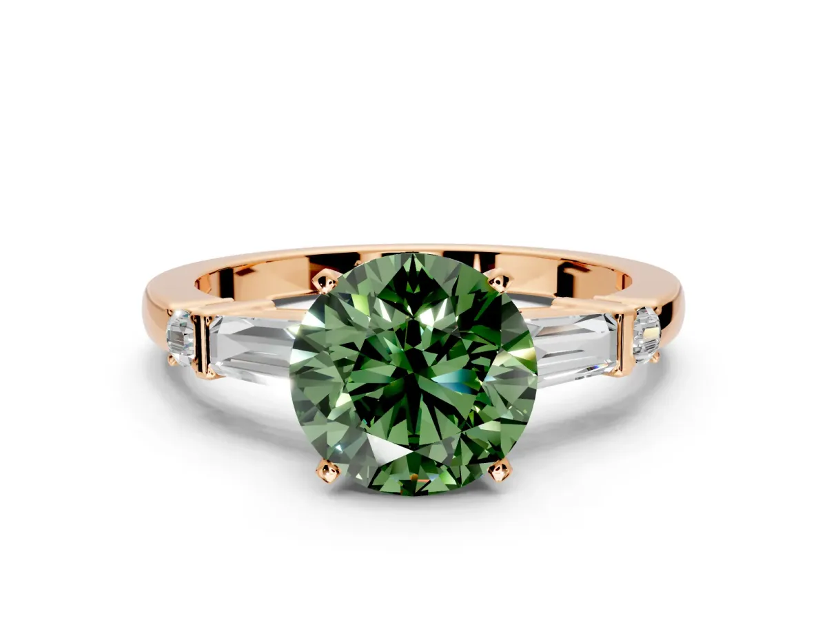Bar-Set Engagement Ring Setting for Fancy Green Round Cut Center with Tapered Baguette Accents and Prong Head in Rose Gold