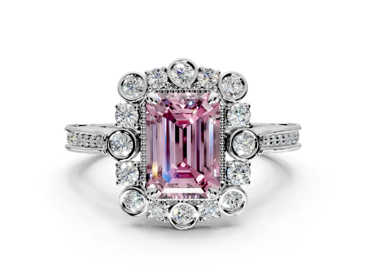 Milgrain Halo Engagement Ring Setting for Fancy Pink Emerald Cut Center with Bezel Point Accents and Prong Head in White Gold