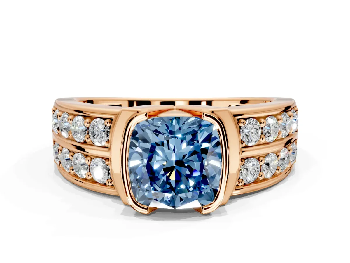 Bezel Engagement Ring Setting for Fancy Blue Cushion Cut Center with Wide Channel-Set Band and Bezel Head in Rose Gold