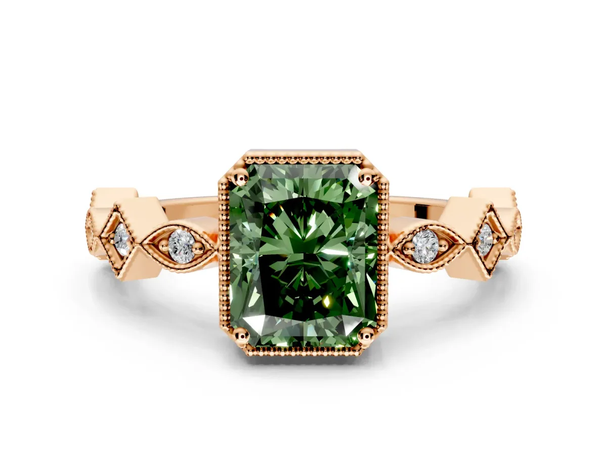 Milgrain Bezel Engagement Ring Setting for Fancy Green Radiant Cut Center with Marquise Stations and Bezel Head in Rose Gold