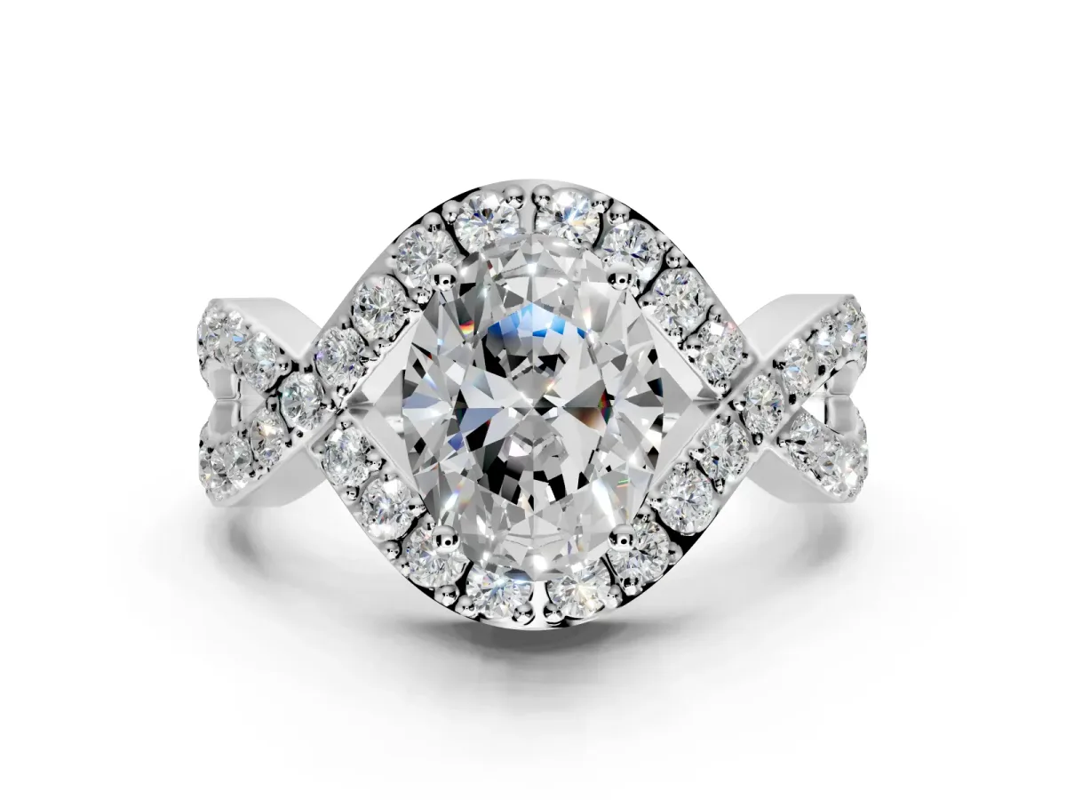 Halo Engagement Ring Setting for Oval Center with Pave Infinity Twist Band and Prong Head in Platinum