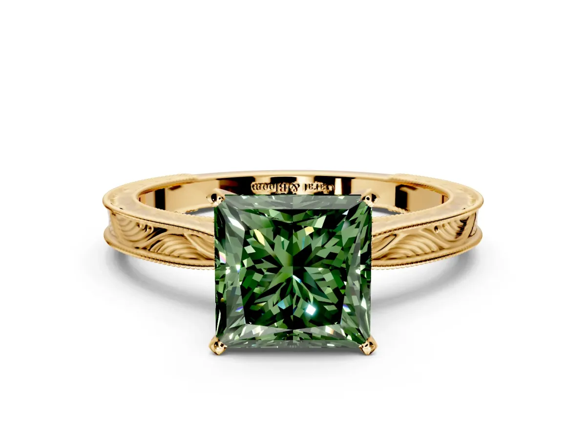 Solitaire Engagement Ring Setting for Fancy Green Princess Cut Center with Engraved Milgrain Band and Prong Head in Yellow Gold