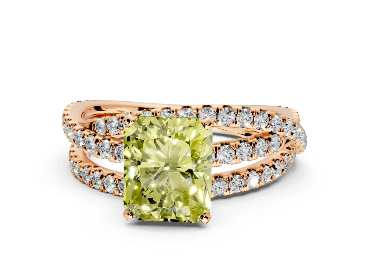 Solitaire Engagement Ring Setting for Fancy Yellow Radiant Cut Center with Woven 3-Strand Pave Band and Prong Head in Rose Gold