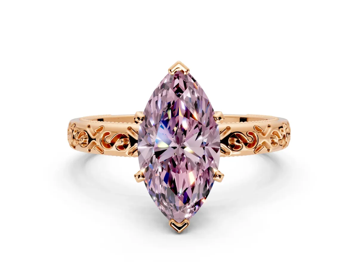 Solitaire Engagement Ring Setting for Fancy Pink Marquise Center with Scrollwork Band and Prong Head in Rose Gold