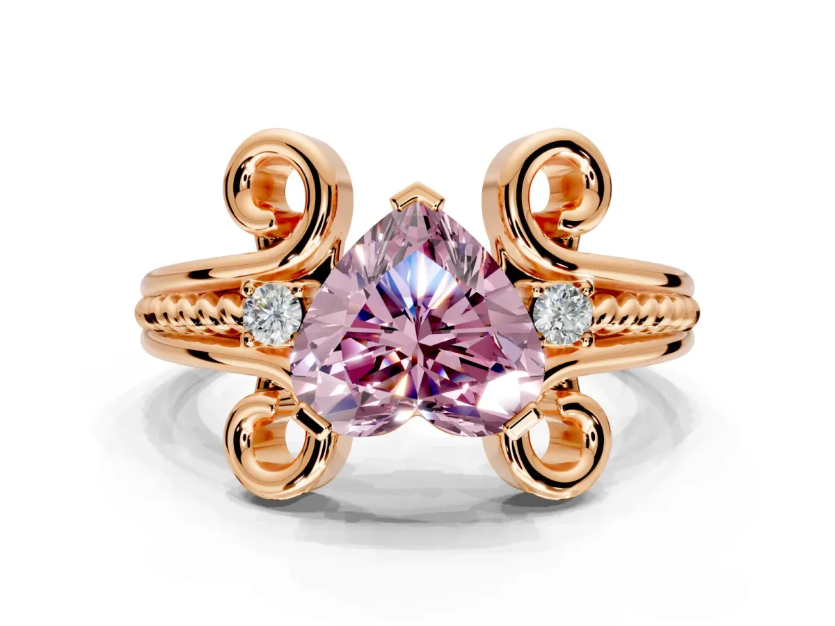 Solitaire Engagement Ring Setting for Fancy Pink Heart-Shaped Center with Twisted Band and Scroll Prong Head in Rose Gold