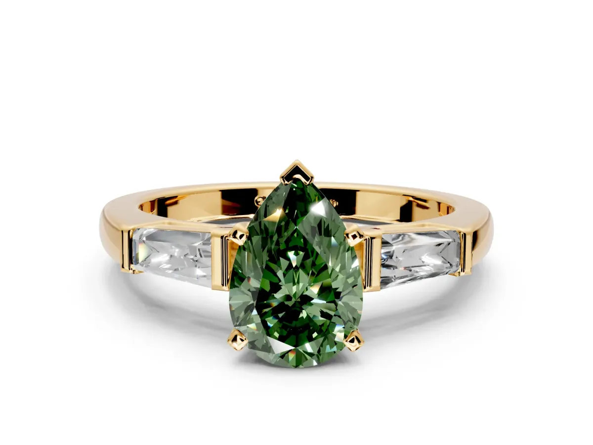 3 Stone Engagement Ring Setting for Fancy Green Pear-Shaped Center with Tapered Baguettes, Plain Band and Prong Head in Yellow Gold