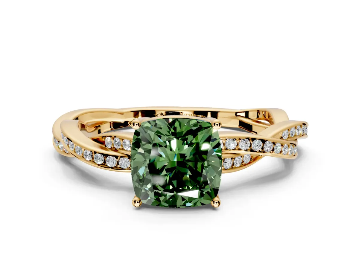 Solitaire Engagement Ring Setting for Fancy Green Cushion Cut Center with Twisted Pave Band and Prong Head in Yellow Gold