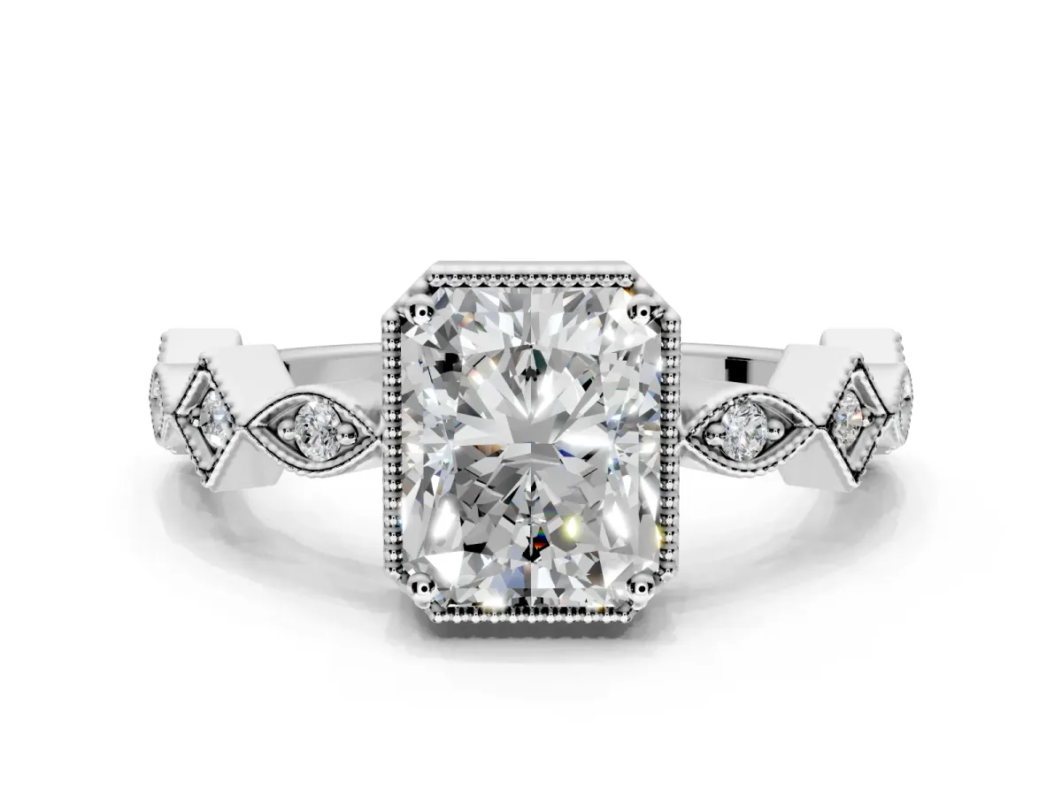 Milgrain Bezel Engagement Ring Setting for Radiant Cut Center with Marquise Stations and Bezel Head in Sterling Silver