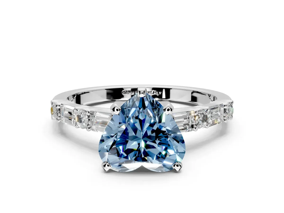 Baguette Engagement Ring Setting for Fancy Blue Heart-Shaped Center with Alternating Bar-Set Band and Prong Head in Platinum