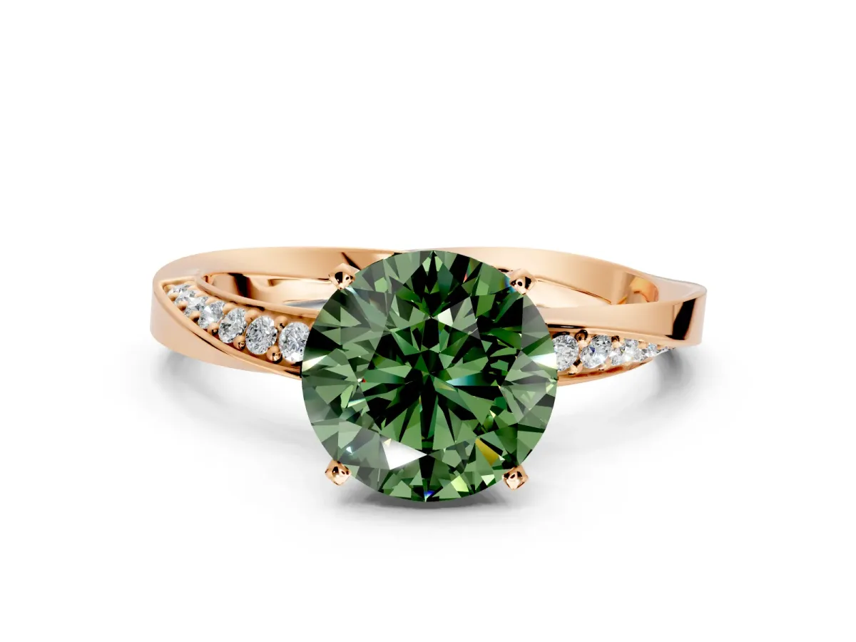 Side Accent Engagement Ring Setting for Fancy Green Round Cut Center with Accent Shoulders and Prong Head in Rose Gold