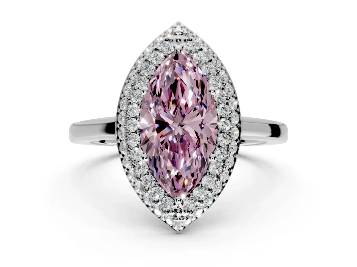 Halo Engagement Ring Setting for Fancy Pink Marquise Center with Plain Tapered Band and Prong Head in Platinum