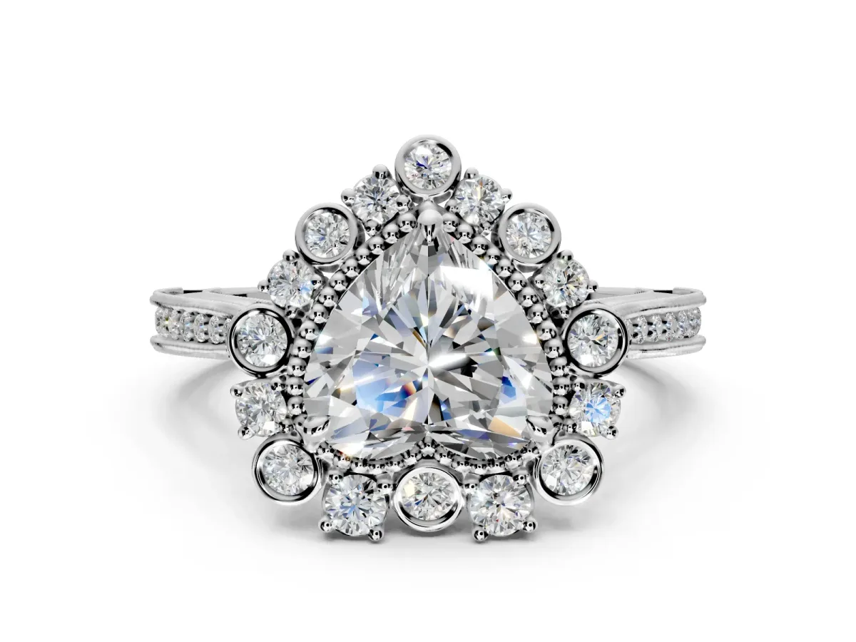 Milgrain Halo Engagement Ring Setting for Heart-Shaped Center with Bezel Point Accents and Prong Head in Platinum