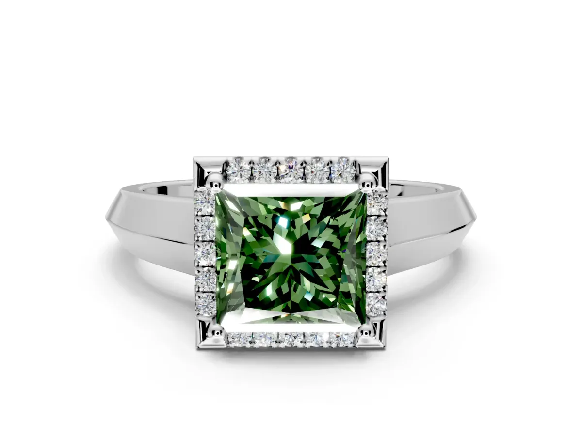 Halo Engagement Ring Setting for Fancy Green Princess Cut Center with Knife Ridge Cathedral Band and Prong Head in White Gold