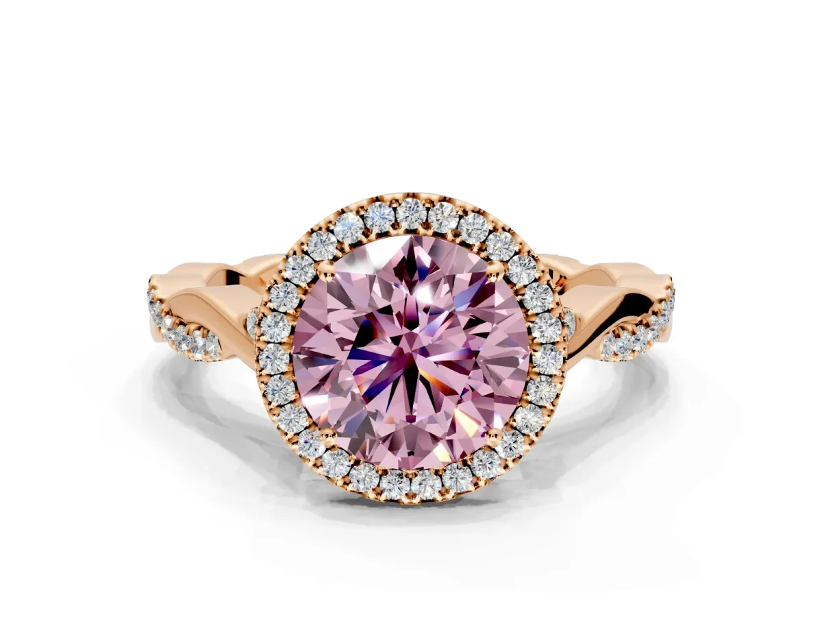 Halo Engagement Ring Setting for Fancy Pink Round Cut Center with Twist Band and Prong Head in Rose Gold