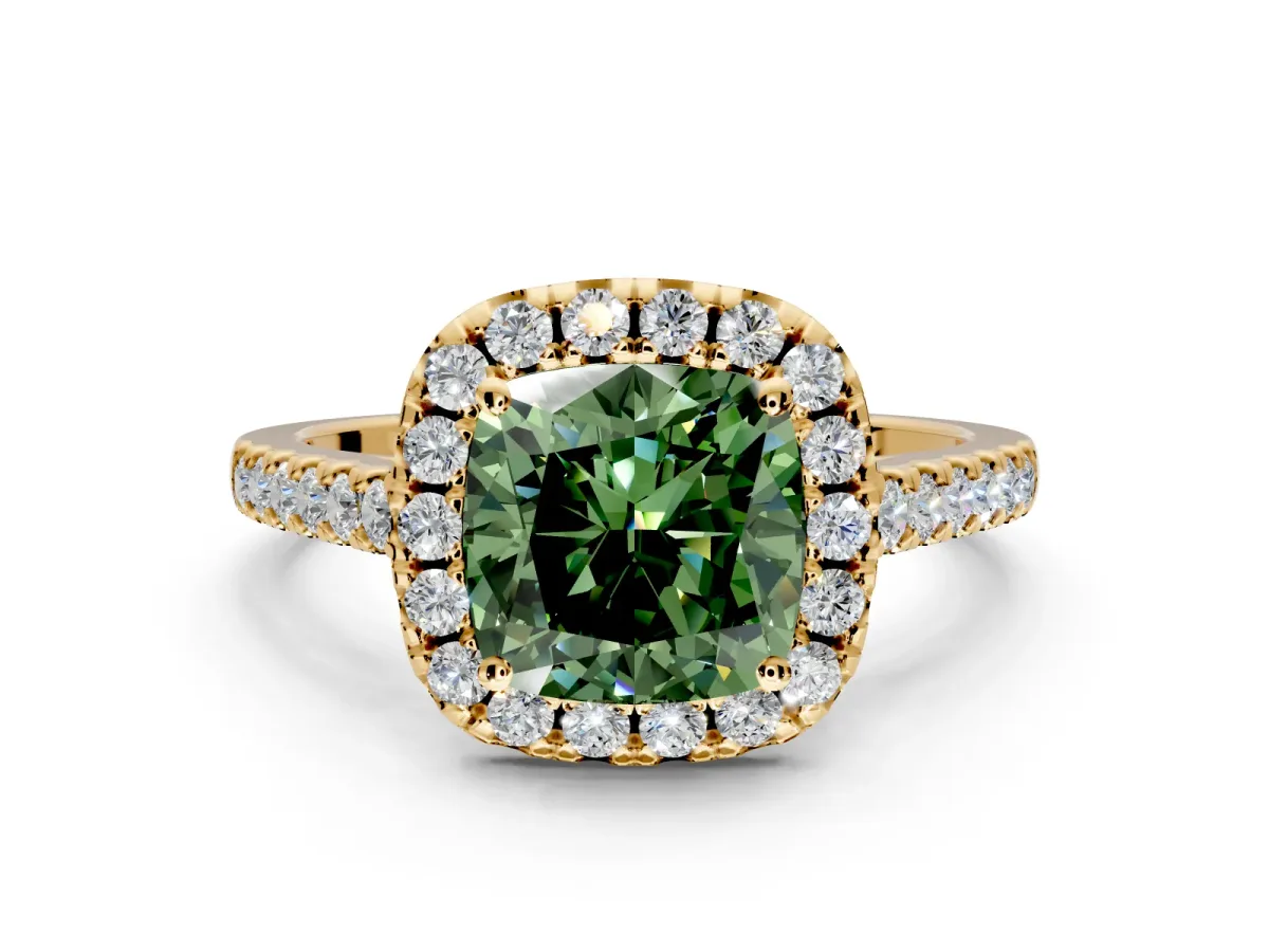 Halo Engagement Ring Setting for Fancy Green Cushion Cut Center with Raised Halo, Pave Band and Prong Head in Yellow Gold