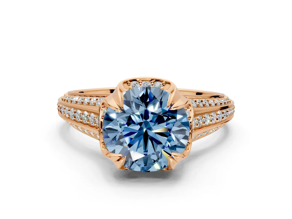 Solitaire Engagement Ring Setting for Fancy Blue Round Cut Center with Accented Split Shank and Prong Head in Rose Gold