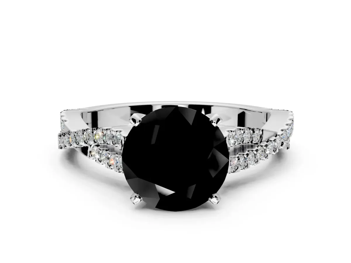 Solitaire Engagement Ring Setting for Fancy Black Round Cut Center with Twisted Pave Split Shank and Prong Head in Platinum