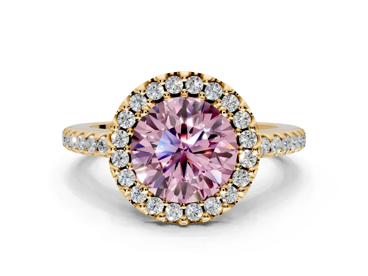 Pave Halo Engagement Ring Setting for Fancy Pink Round Cut Center with Single Row Pave Band and Prong Head in Yellow Gold