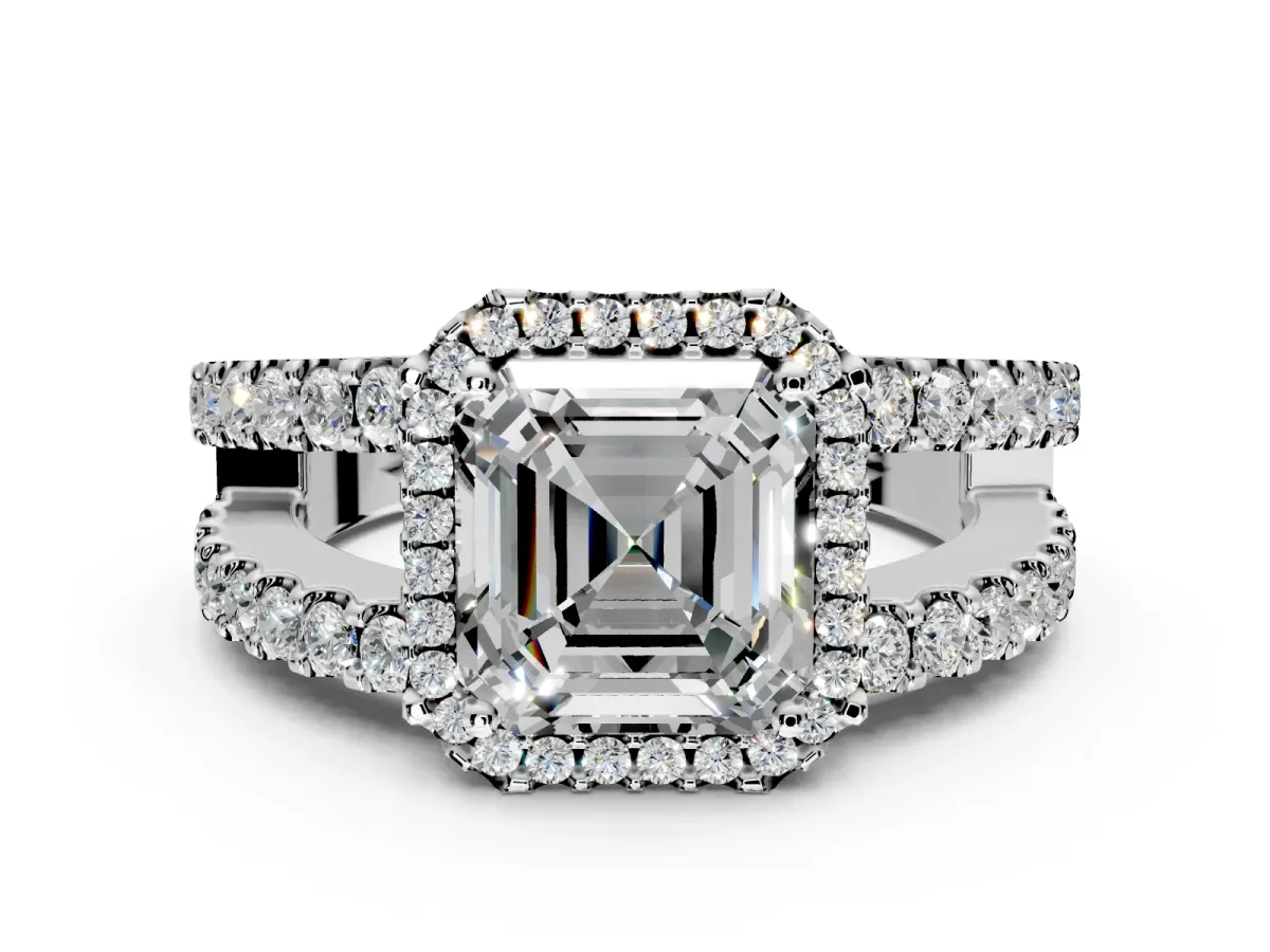 Halo Engagement Ring Setting for Asscher Cut Center with Wide-Open Pave Split Shank and Prong Head in White Gold