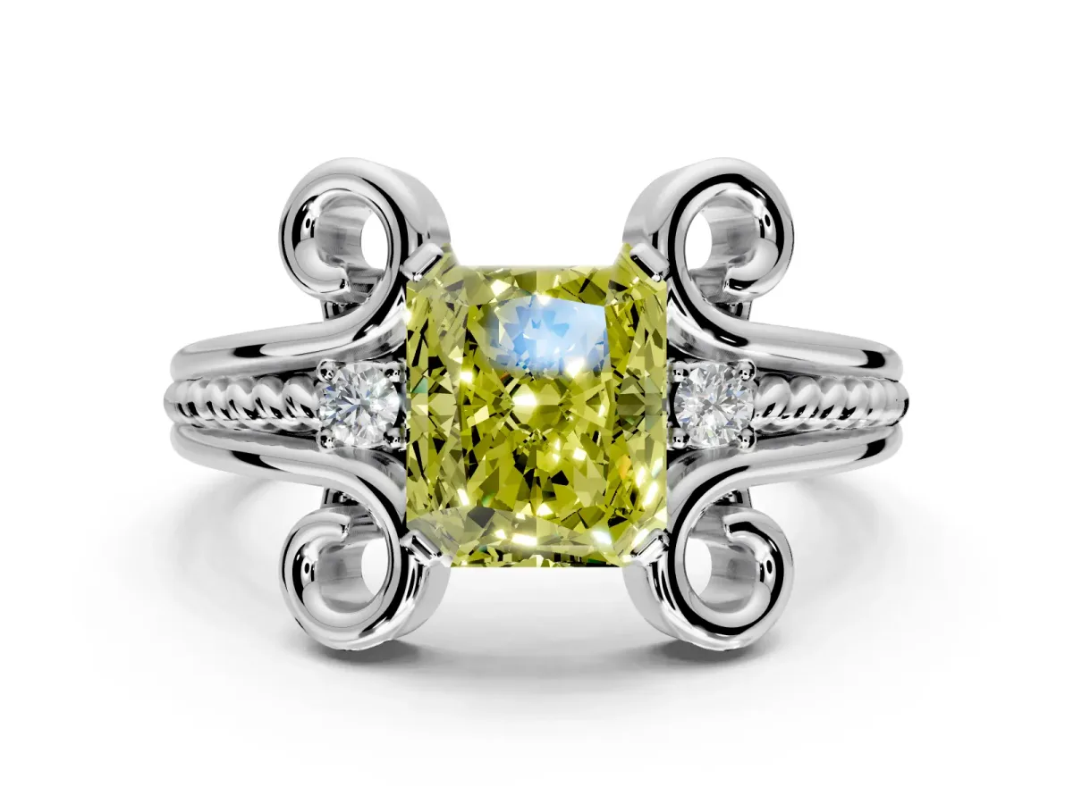 Solitaire Engagement Ring Setting for Fancy Yellow Radiant Cut Center with Twisted Band and Scroll Prong Head in White Gold