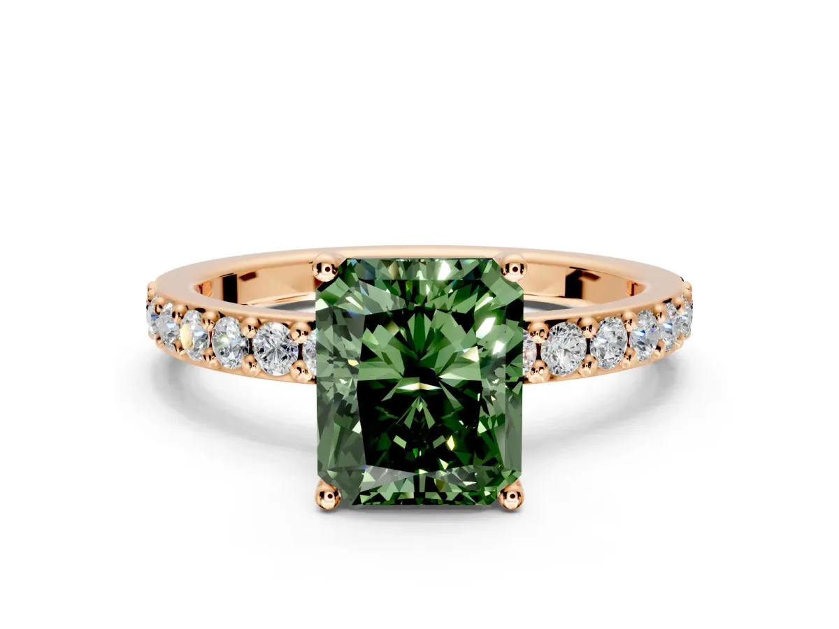 Solitaire Engagement Ring Setting for Fancy Green Radiant Cut Center with Round Cut Pave Band and Prong Head in Rose Gold