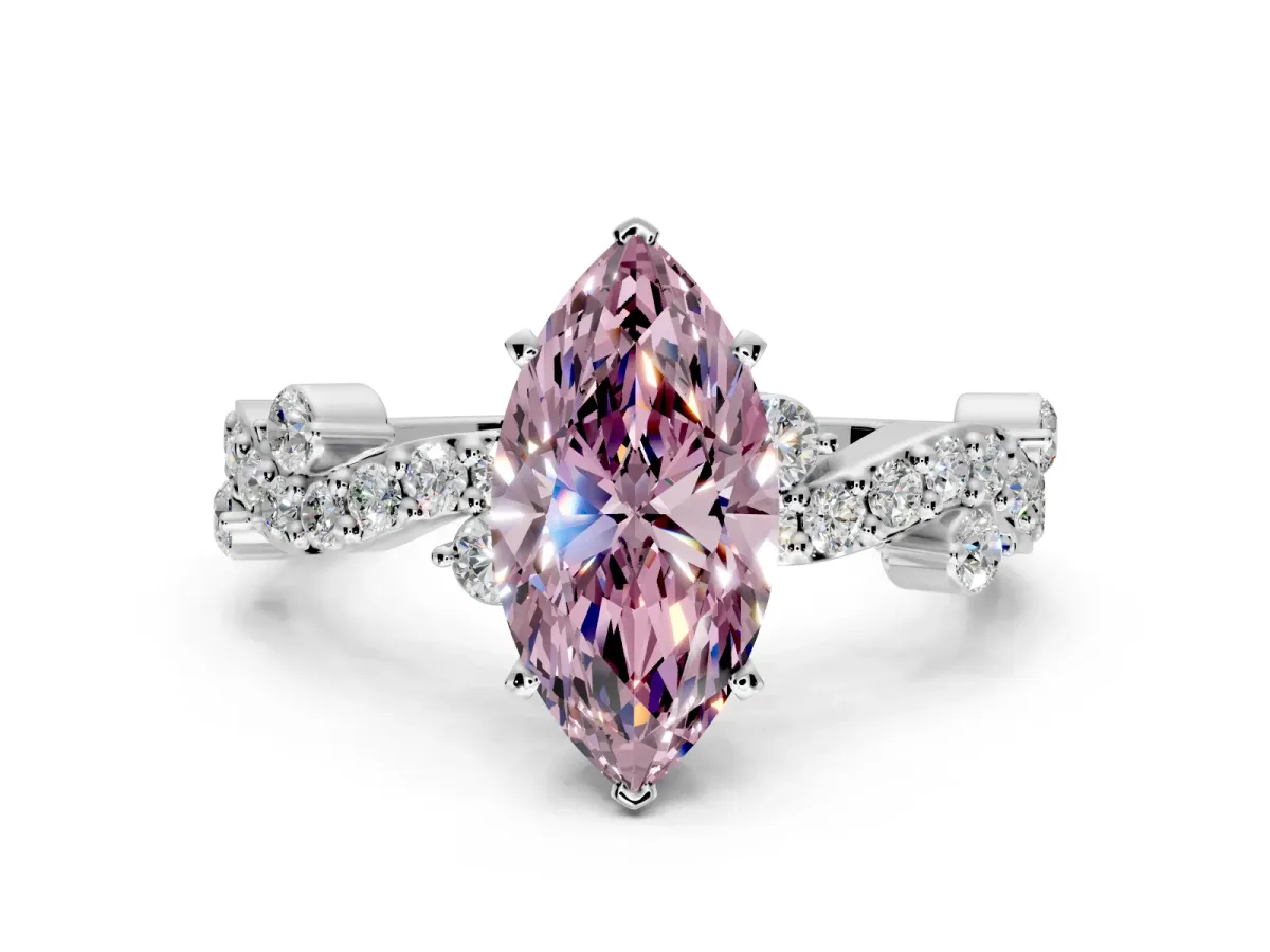 Solitaire Engagement Ring Setting for Fancy Pink Marquise Center with Bar-Station Pave Twist and Prong Head in White Gold