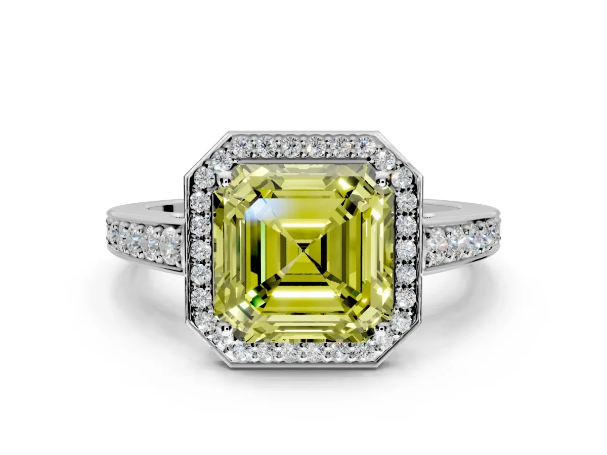 Bezel-Framed Halo Engagement Ring Setting for Fancy Yellow Asscher Cut Center with Pave Band and Prong Head in White Gold