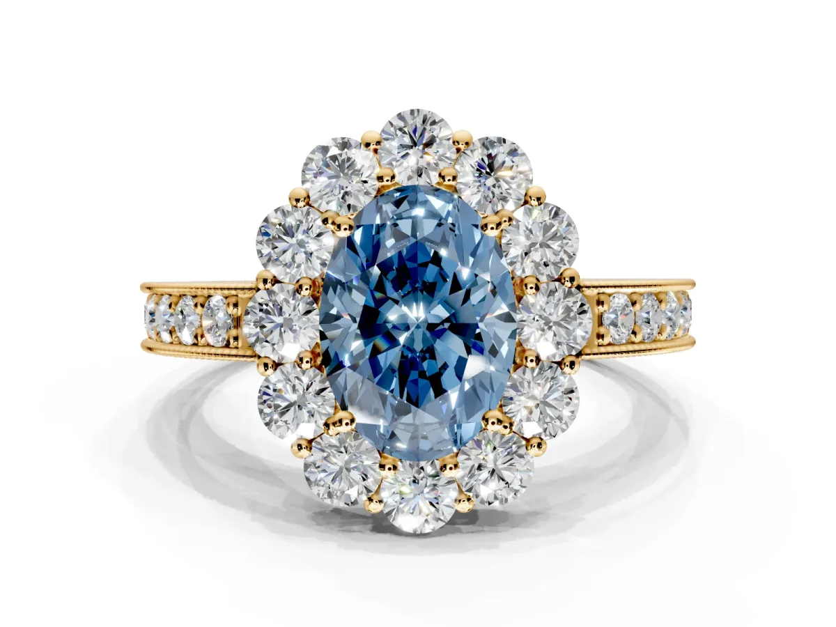 Halo Engagement Ring Setting for Fancy Blue Oval Center with Milgrain Channel Band and Prong Head in Yellow Gold