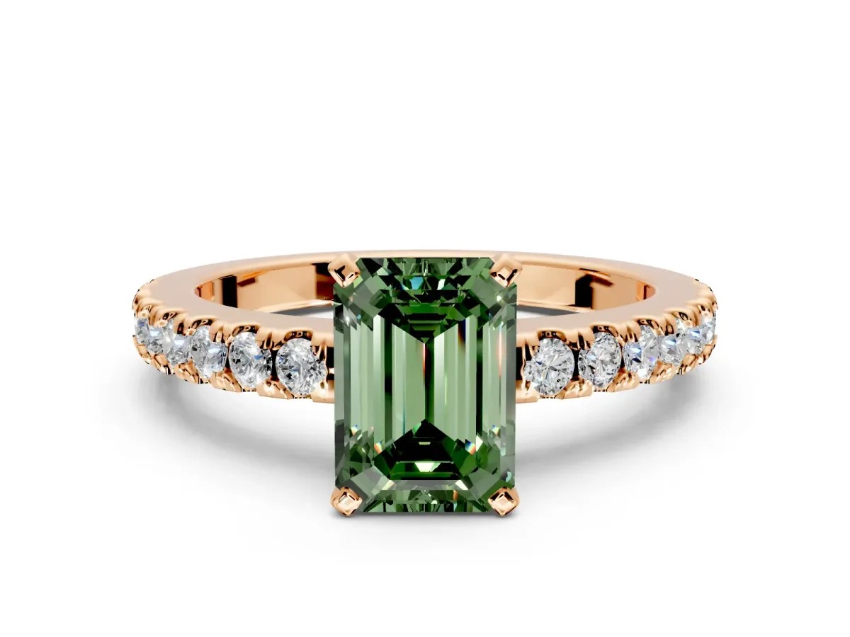 Solitaire Engagement Ring Setting for Fancy Green Emerald Cut Center with Single Row Accent Band and Prong Head in Rose Gold