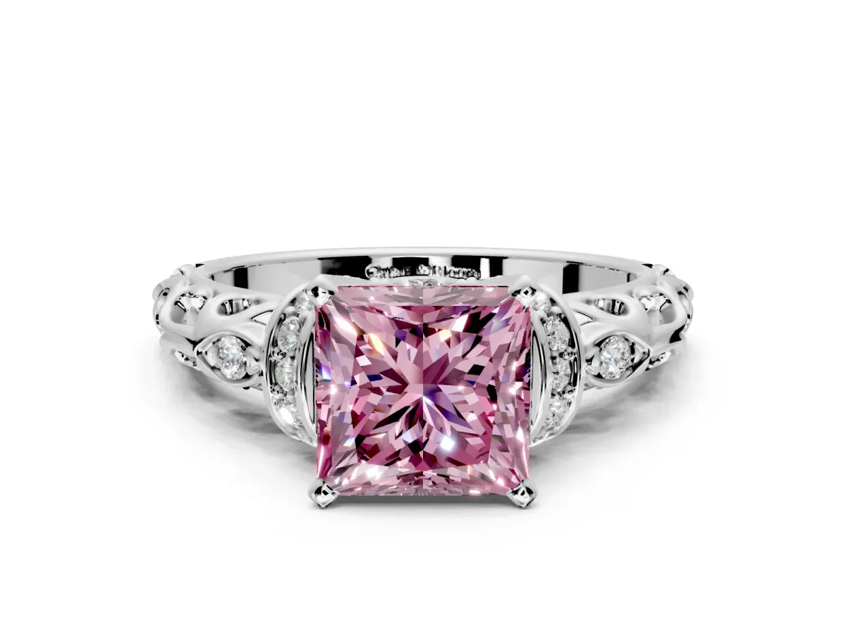 Solitaire Engagement Ring Setting for Fancy Pink Princess Cut Center with Filigree Band and Prong Head in Platinum