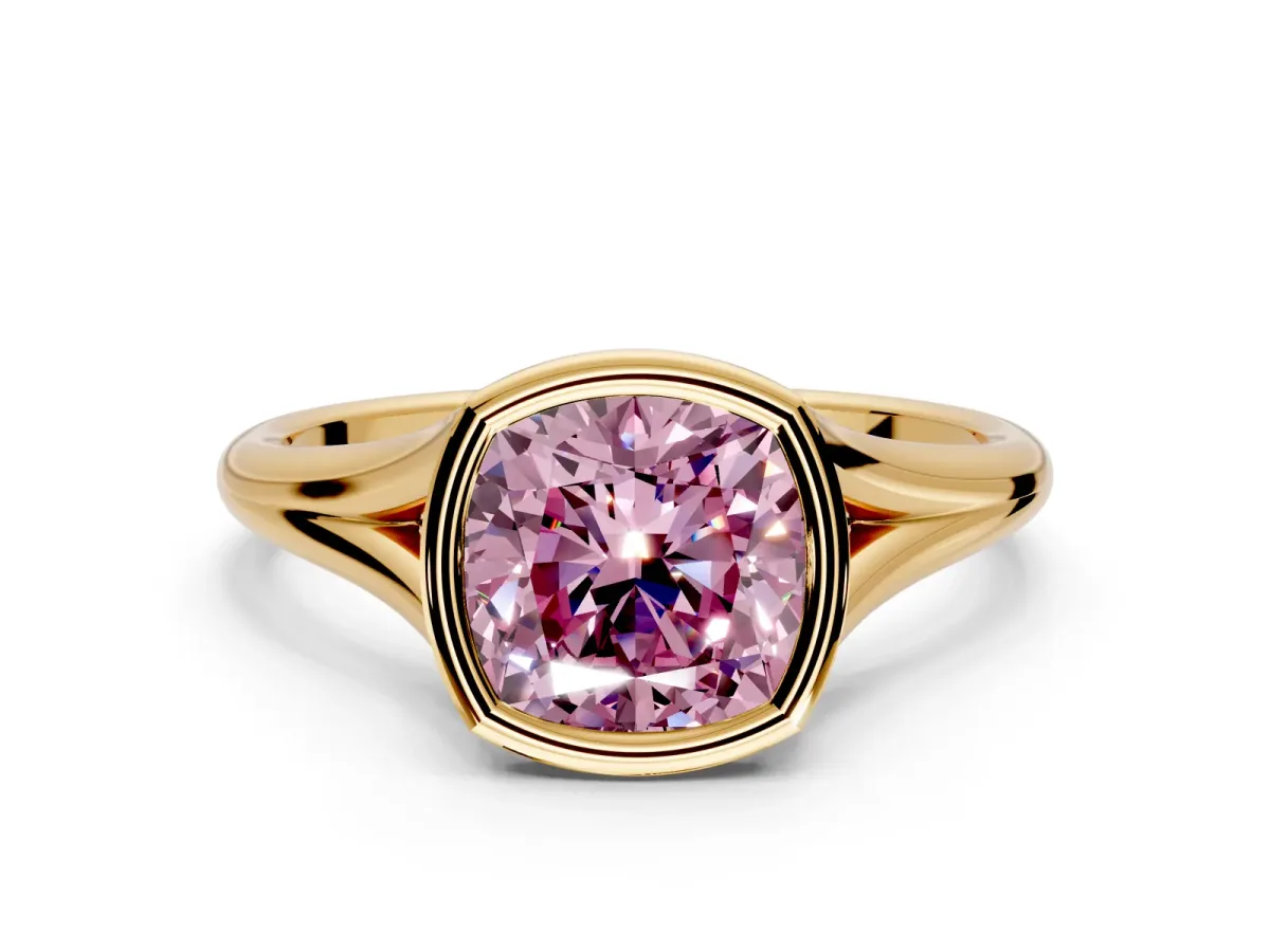 Solitaire Engagement Ring Setting for Fancy Pink Cushion Cut Center with V Split Shank and Bezel Head in Yellow Gold