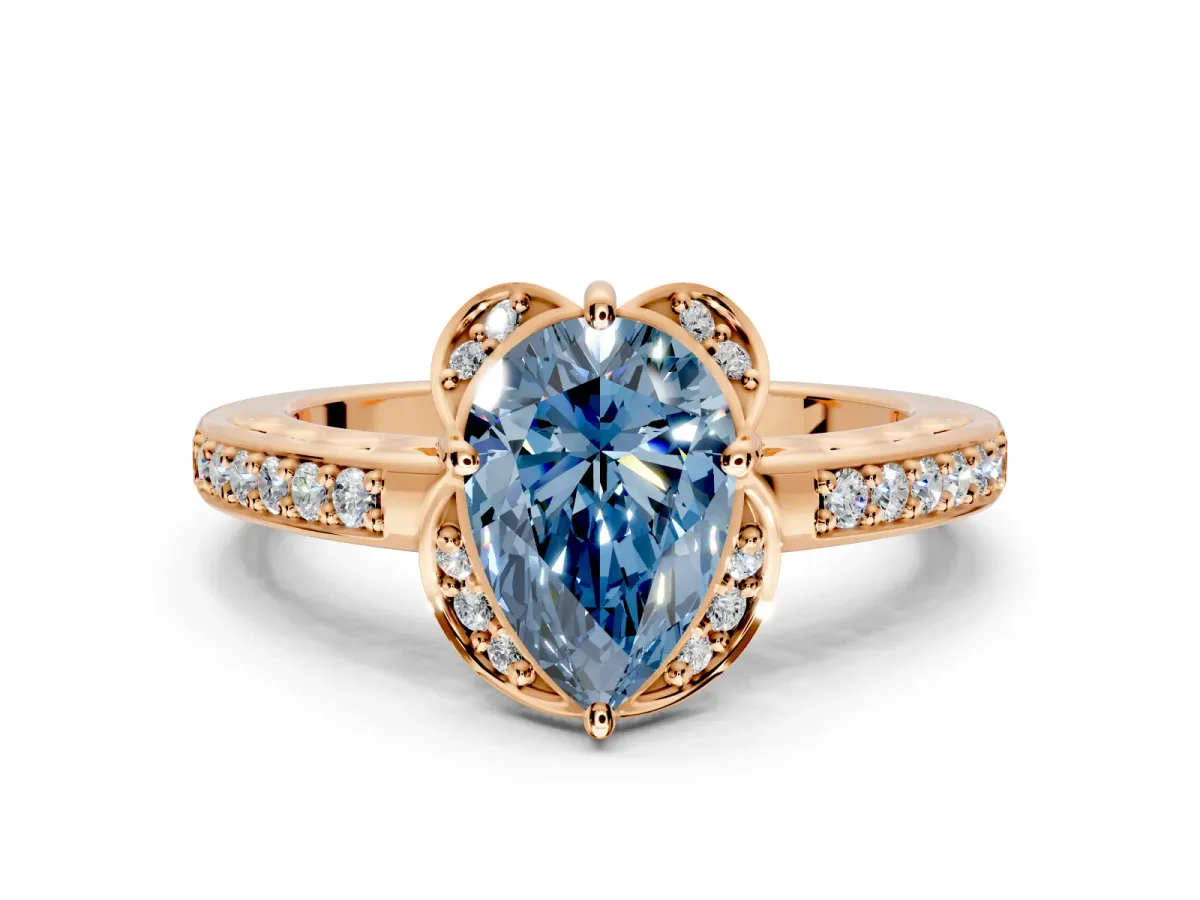 Floral Engagement Ring Setting for Fancy Blue Pear-Shaped Center with Four Accent Clusters and Prong Head in Rose Gold