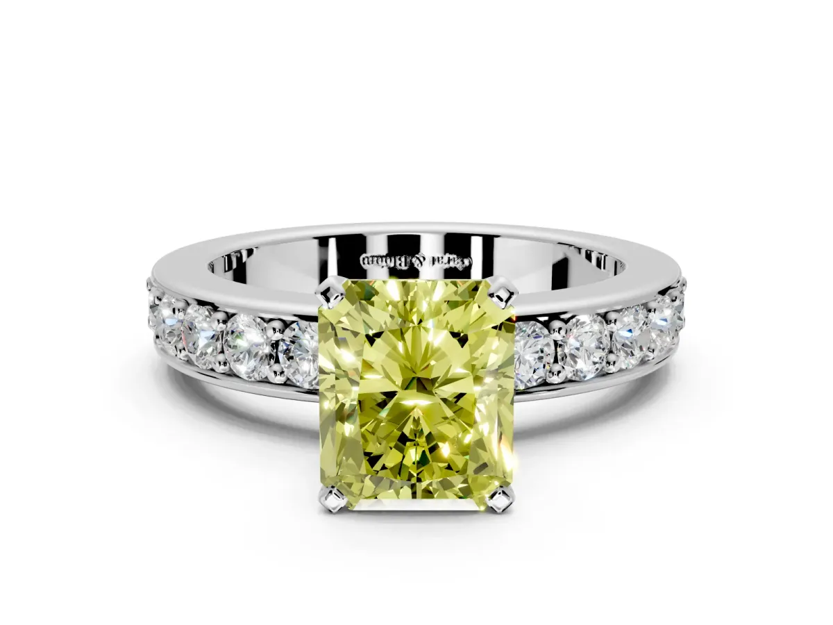 Solitaire Engagement Ring Setting for Fancy Yellow Radiant Cut Center with Channel-Set Accents and Prong Head in Platinum