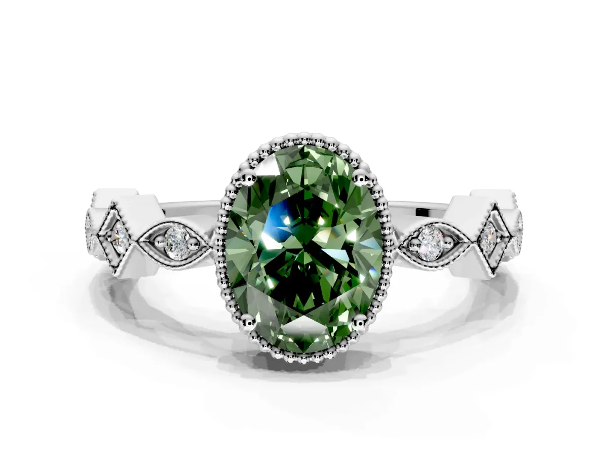 Milgrain Bezel Engagement Ring Setting for Fancy Green Oval Center with Marquise Stations and Bezel Head in Platinum