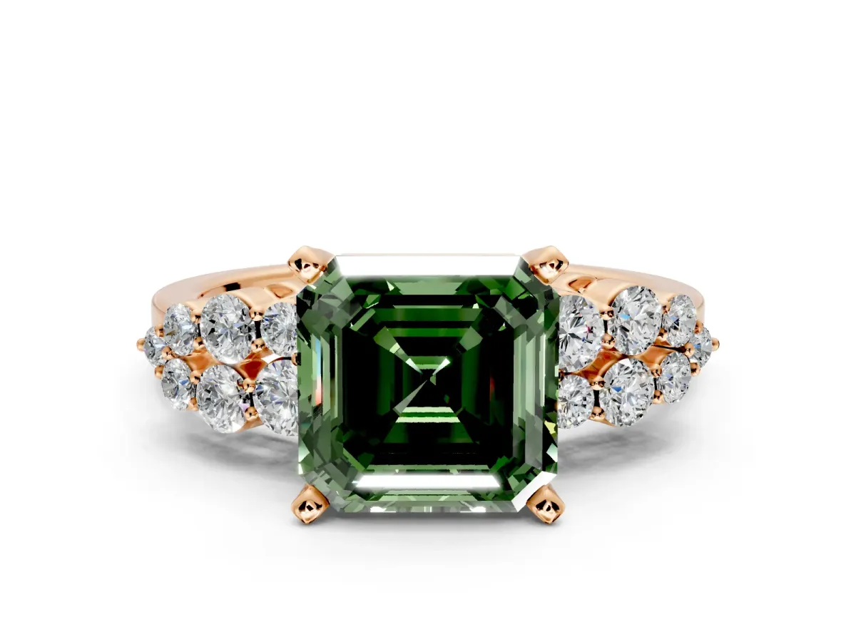 Cluster Engagement Ring Setting for Fancy Green Asscher Cut Center with 2-Row Shoulder Clusters and Prong Head in Rose Gold