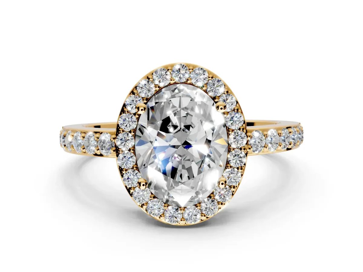 Halo Engagement Ring Setting for Oval Center with Heart-Shaped Openwork, Pave Band and Prong Head in Yellow Gold