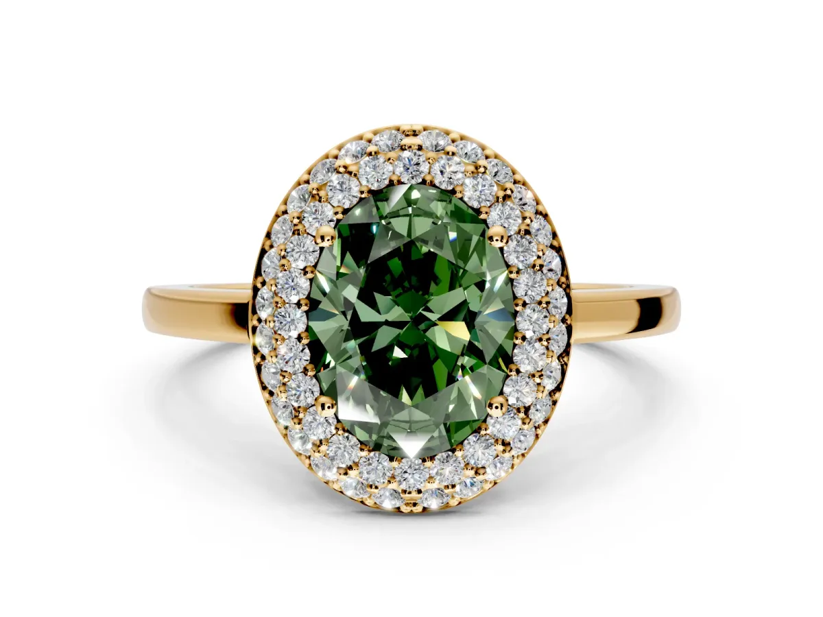 Halo Engagement Ring Setting for Fancy Green Oval Center with Plain Tapered Band and Prong Head in Yellow Gold