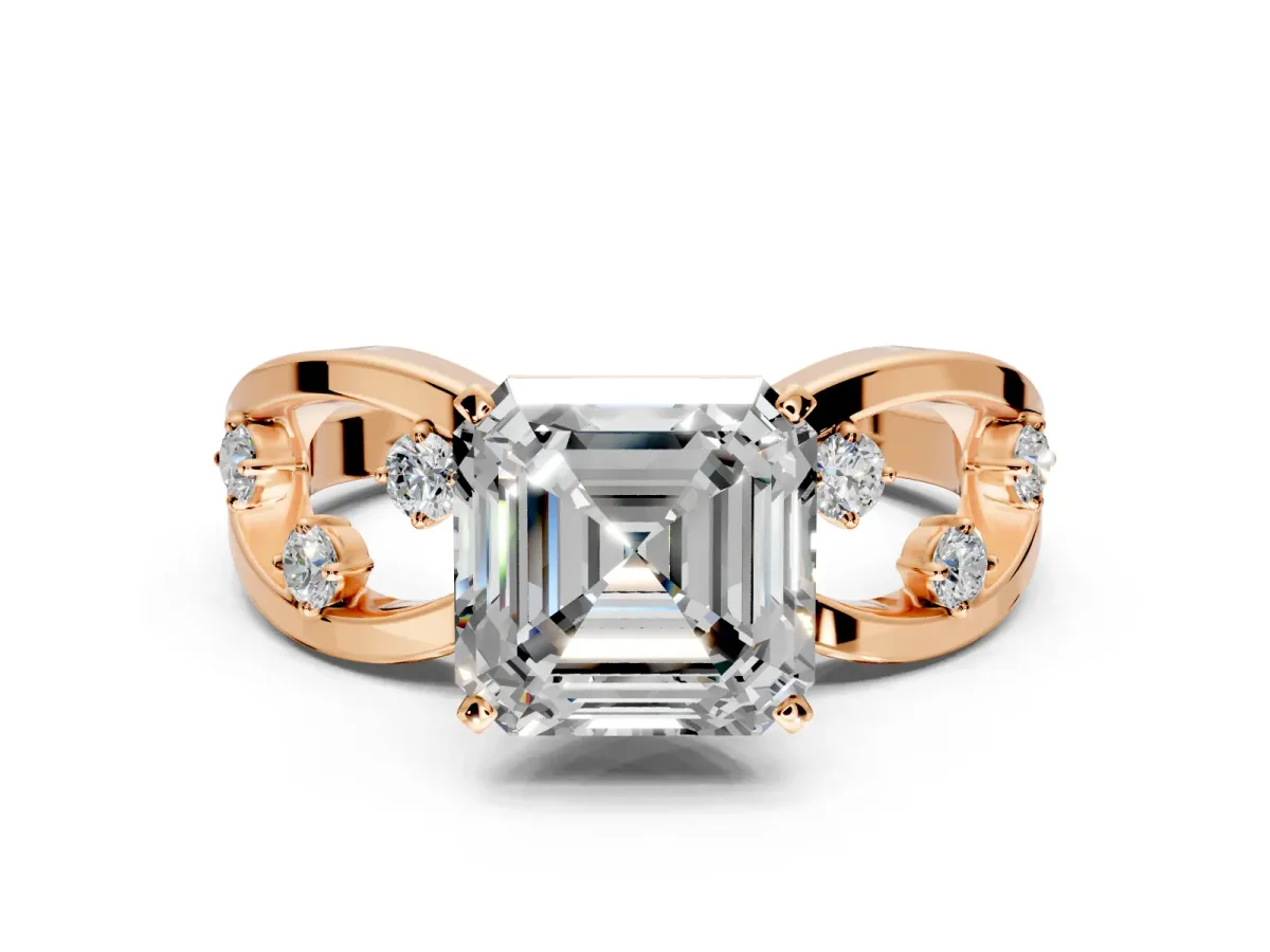 Solitaire Engagement Ring Setting for Asscher Cut Center with Criss-Cross Accent Band and Prong Head in Rose Gold